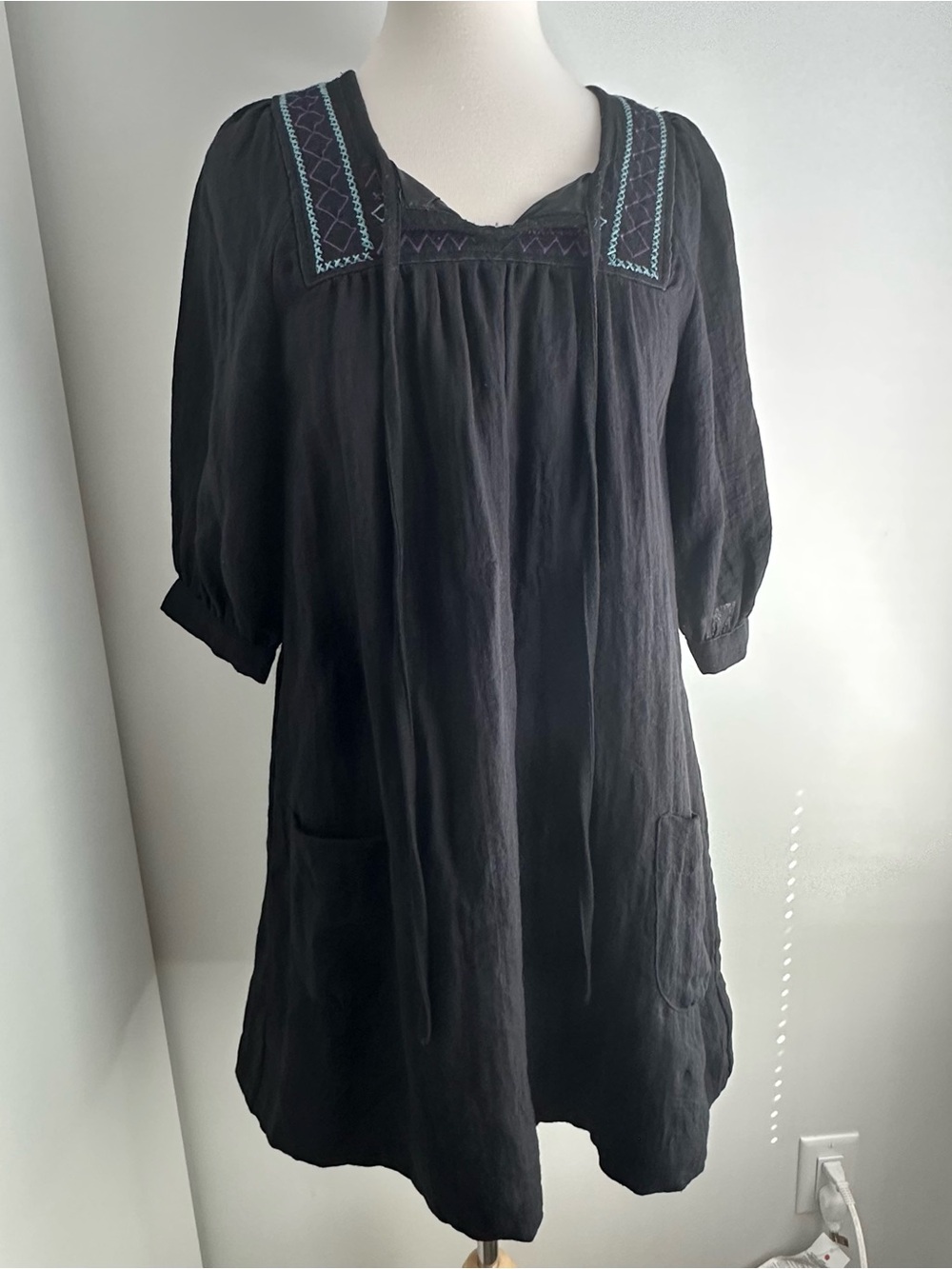 Vintage Zara Black Peasant Tunic with Teal & Purple Embroidery M